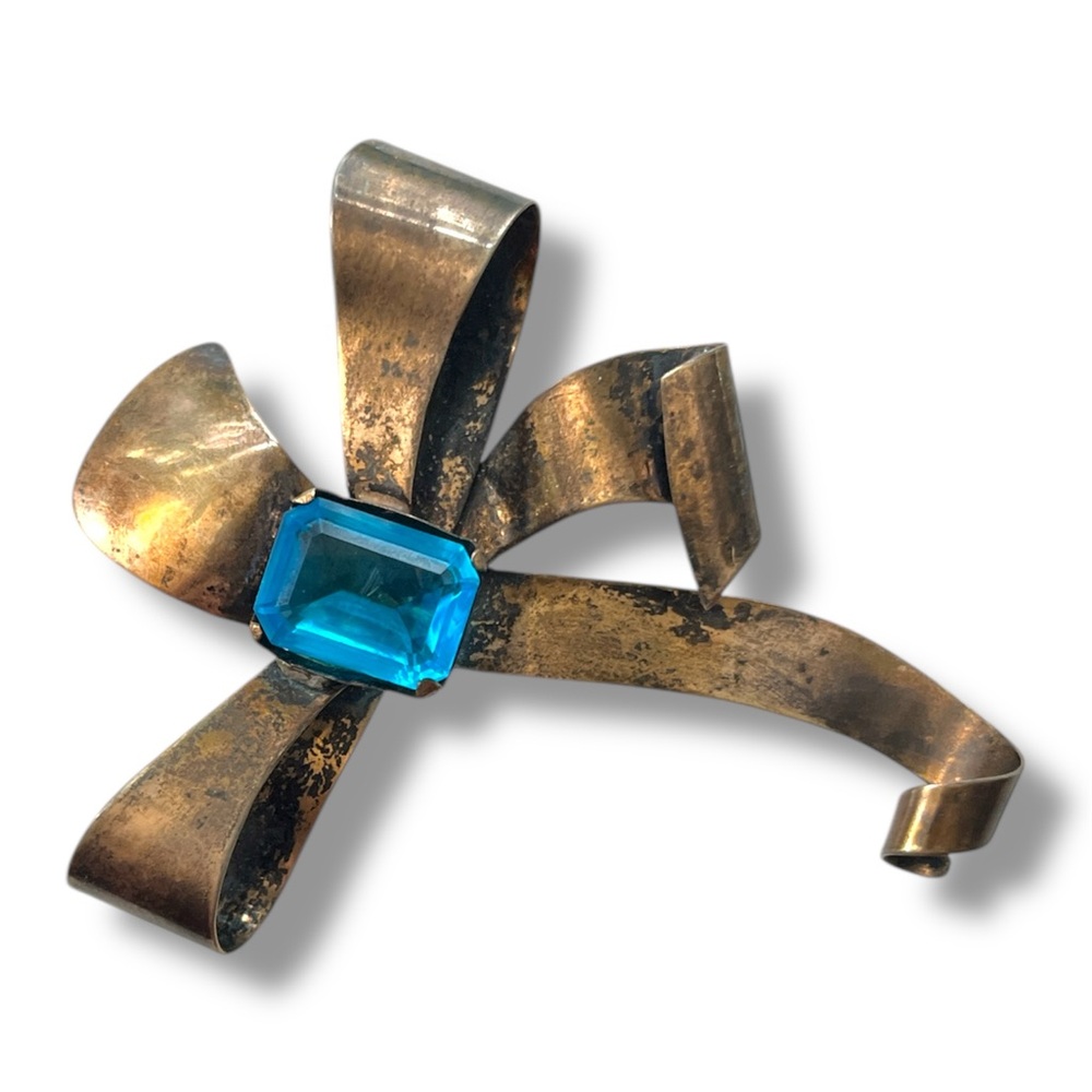 Vintage Sterling Silver Bow Brooch with Blue Glass Stone 1930s-1940s